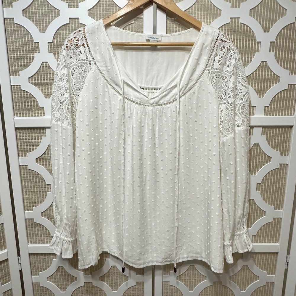 Sundance Blouse Womens Large White‎ Swiss Dot Lace Crochet Boho Peasant Top - Picture 2 of 8